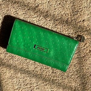 DKNY Green Ostrich Embossed Continental Wallet Zip Around Coin Pocket